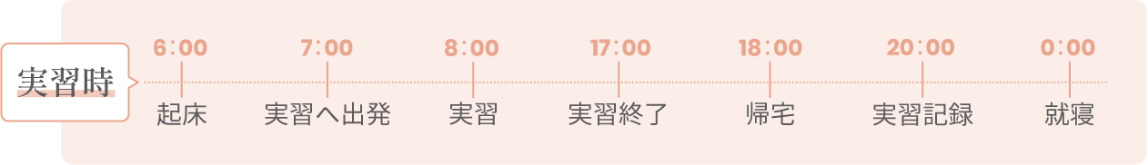 実習時　6:00：起床、7:00：実習へ出発、8:00：実習、17:00：実習終了、18:00：帰宅、20:00：実習記録、0:00：就寝